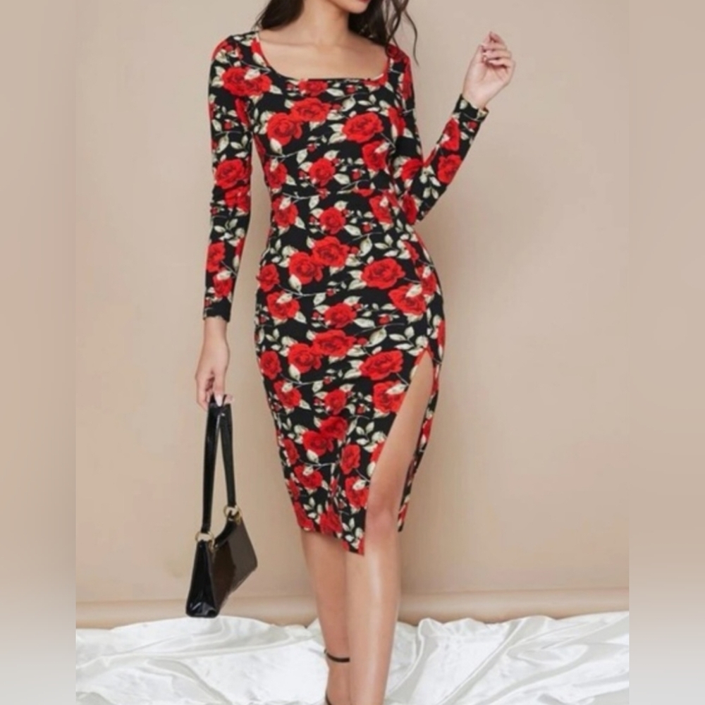 Black & Red Rose Floral Print Bodycon Dress Sz Large